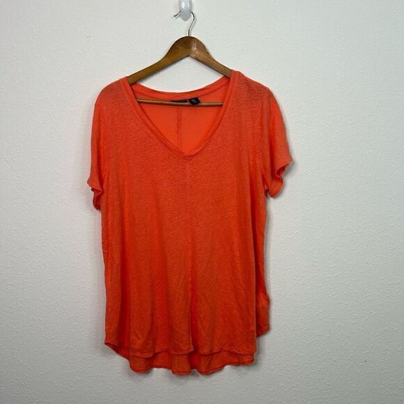 Tahari Women’s Coral Orange Linen Lyocell V Neck Short Sleeve Top Size 1X - Picture 1 of 12